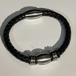 Leather Braided Bracelet with Silver Tone Hardware & Magnetic Closure